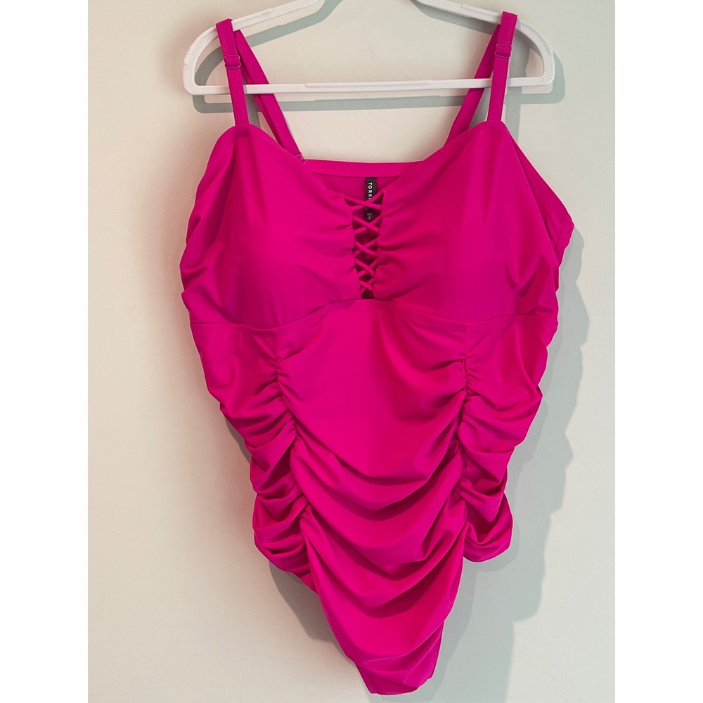 Torrid Hot Pink Ruched Lace Up Lattice One Piece Swimsuit 5 5X Molded Cups Lined